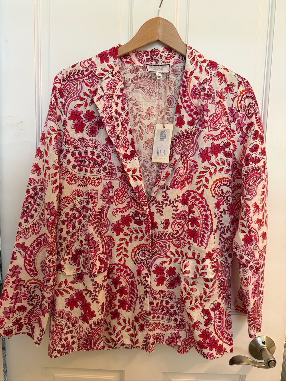 Johnny Was Pink Paisley Button-Down linen Lillet Blazer with floral buttons